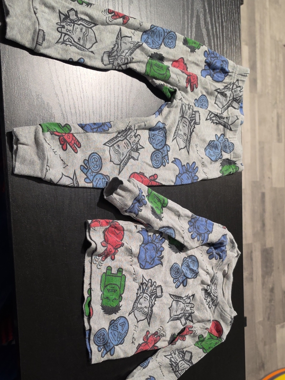 Marvel Gray Pajama Set with Red Blue and Green Superhero Prints